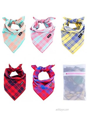 Gofshy Dog Bandanas-5PCS Puppy Bandanas Square Plaid Printing Adjustable Dog Scarf Dog Clothes Dog Accessories for Small to Large Dogs Cats Pets Dog Gifts Bright