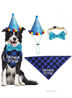 STMK Dog Birthday Party Supplies Dog Birthday Bandana Boy Girl and Dog Birthday Party Hat with Dog Bow Tie Collar for Medium Large Dogs Blue Large