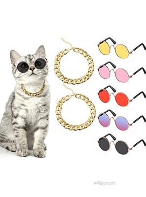 7 Piece Cool Cat Dog Costume Set Include Adjustable Gold Pet Dog Chain and Funny Cute Cat Small Dog Sunglasses Retro Pet Sunglasses for Cat Puppy Small Medium Dog Vivid Colors