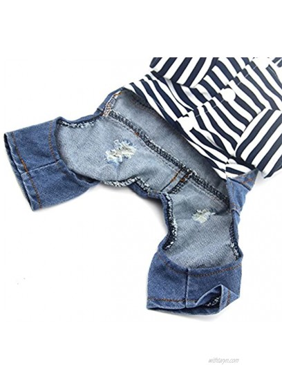 DOGGYZSTYLE Pet Dog Cat Hoodies Clothes Striped Pajamas Denim Outfits Blue Jeans Jumpsuits One-Piece Jacket Costumes Apparel Hooded Coats for Small Puppy Medium Dogs
