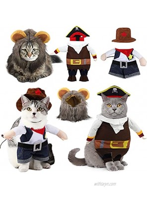 Xuniea 3 Pieces Pet Halloween Costume Includes Cowboy Uniform with Hat Pirate Costume with Hat Lion Mane Hat Pet Costume Funny Apparel for Small Dog Cat Puppy Pet Party Christmas Events S