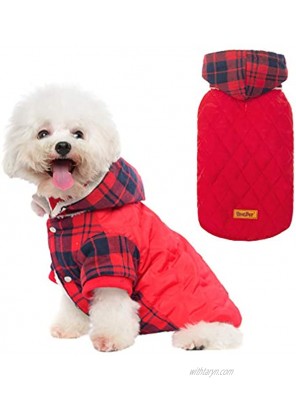 BINGPET Dog Winter Coat Classic Plaid Dog Hoodie with Leash Hole Cold Weather Clothes with Detachable Hat Pet Warm Thicker Fleece Oufit for Small and Medium Large Dogs