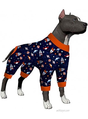 LovinPet Pitbull Pajamas Lightweight Pullover Pajamas Full Coverage Dog Pjs with Black Trim Cuddle Space Craft Navy Prints Lightweight Big Dogs Pullover Full Coverage Large Breed Dog Pjs