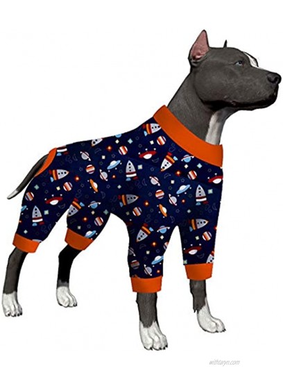 LovinPet Pitbull Pajamas Lightweight Pullover Pajamas Full Coverage Dog Pjs with Black Trim Cuddle Space Craft Navy Prints Lightweight Big Dogs Pullover Full Coverage Large Breed Dog Pjs