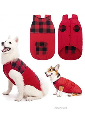 Reversible Dog Winter Clothes Polar Fleece Dog Jacket Pet Cold Weather Coats Windproof for Small Medium Large Dogs Warm Dog Vest with Pocket Christmas Suit Xmas Gifts Classic Red Plaid