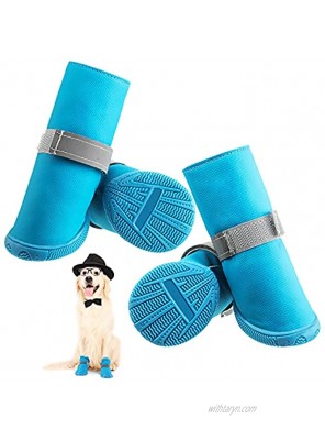 4 Pieces Dog Waterproof Rain Blue Boots Dog Shoes Set with Reflective Strips Adjustable Rugged Anti-Slip Sole Dog Shoes Puppy Paw Protector for Big Pet