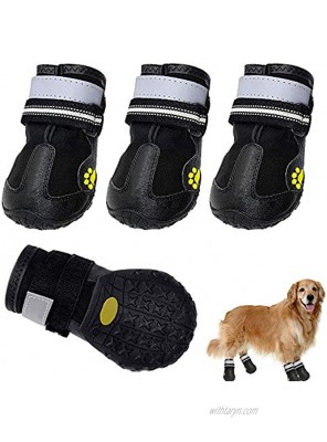 LiiFUNG Dog Boots Waterproof Shoes for Dogs with Reflective Velcro Rugged Anti-Slip Sole Black 4PCS
