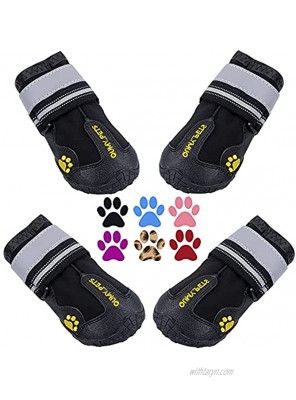 QUMY Dog Boots Waterproof Shoes for Dogs with Reflective Strips Rugged Anti-Slip Sole Black 4PCS