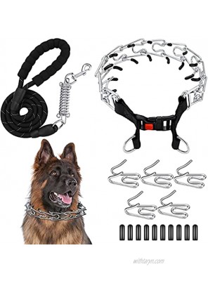 Dog Prong Collar Quick Release Snap Buckle Adjustable Links with Comfort Rubber Tips Heavy Duty Leash with Shock Absorbing Springs for Medium Large Dogs