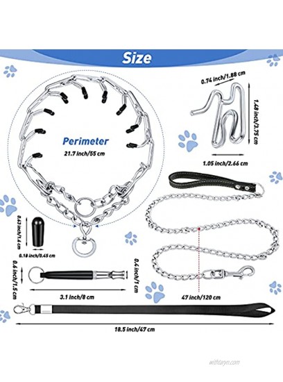 Honoson Dog Prong Training Collar Pinch Choke Collar for Dogs 5 Extra Rubber Caps Dog Whistle Dog Leash Metal Quick Release Snap Button for Small Medium Large Breed Dogs Neck 0.14 x 22 Inch