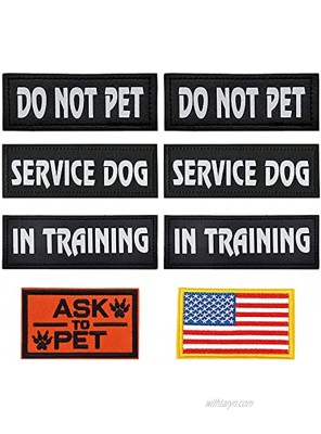 8 Pieces Reflective Service Dog Vest Patches Removable Tactical Service Dog Harness Patches Service Dog in Training Vest Patches Do Not Pet Ask to Pet and American Flag Patches for Harness and Vest