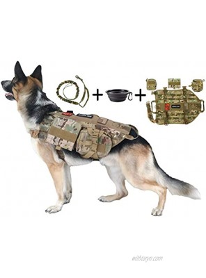 Dog Tactical Harness 1000D Nylon Molle Vest with Leash 3 Pouches 3 Patches Collapsible BPA Free Bowl