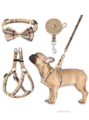 HKLY Dog Harness with Leash and Bow Tie Collar Set Beige Plaid Puppy Harness Escape Proof Adjustable No Pull Dog Vest for Outdoor Walking Fit for Small Medium Dogs
