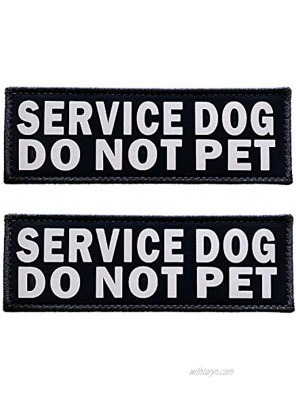 JUJUPUPS Black Reflective Dog Patches 2 Pack Service Dog ，in Training， DO NOT PET Tags with Hook and Loop Patches for Vests and Harnesses Service Dog DO NOT PET 6x2 inch