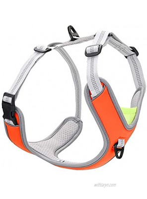 No Pull Dog Harness Easy Dog Vest Harness with Damping Belt Adjustable Soft Padded Dog Walking Harness with 2 Metal Leash Clips Reflective Pet Harness for Medium Large Dogs Orange M19-25''